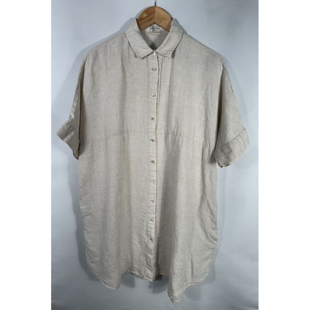 Lanhtropy Women's L/XL Beige Short Sleeve Button Down Linen Tunic‎ Dress